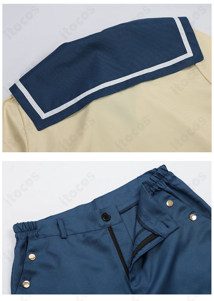 披肩とパンツ装飾。ショルダーの重なりとパンツの飾りパーツを示す近接画像