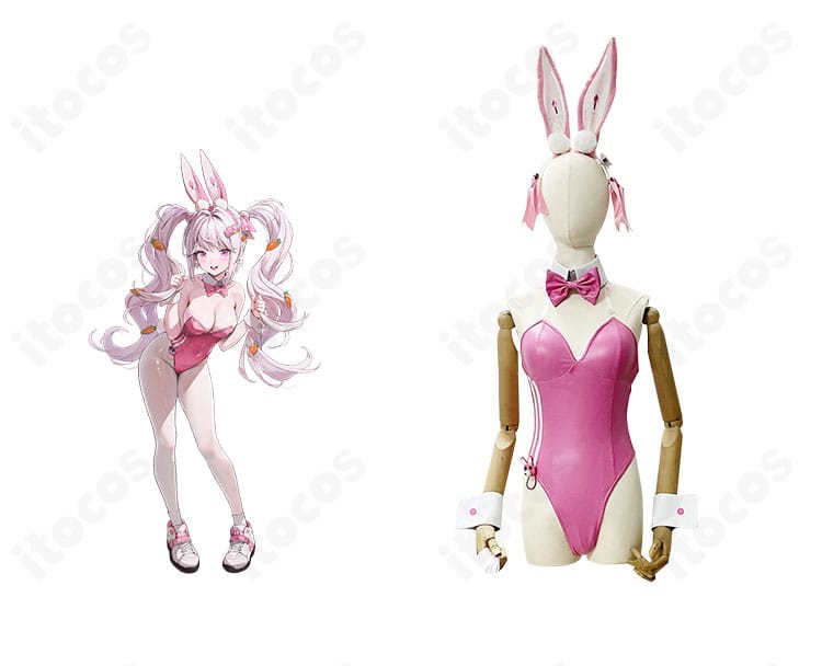 勝利の女神：NIKKE アリス ワンダーランドバニーの正面全身とキャラクターイメージを並置した高再現コスプレ衣装
