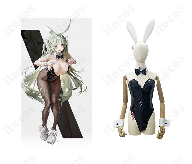 勝利の女神:NIKKE ソーダ トゥインクルバニーの正面全身とキャラクターを並べた参考画像。高再現のシルエットと世界観を表現したバニーコスプレ衣装。