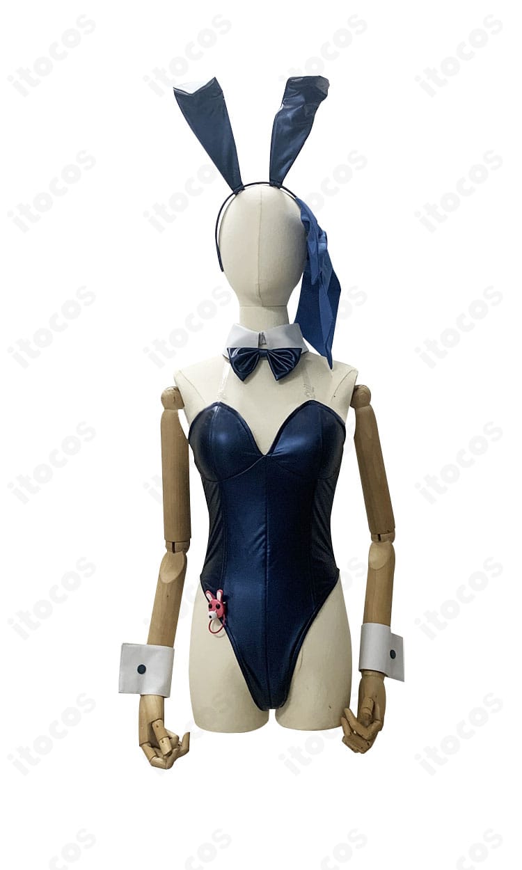 NIKKE フォルクヴァン モイストラビットの正面全身。光沢レオタードのフィット感と襟元のステッチ、リボン位置まで忠実に表現した高品質バニー衣装。