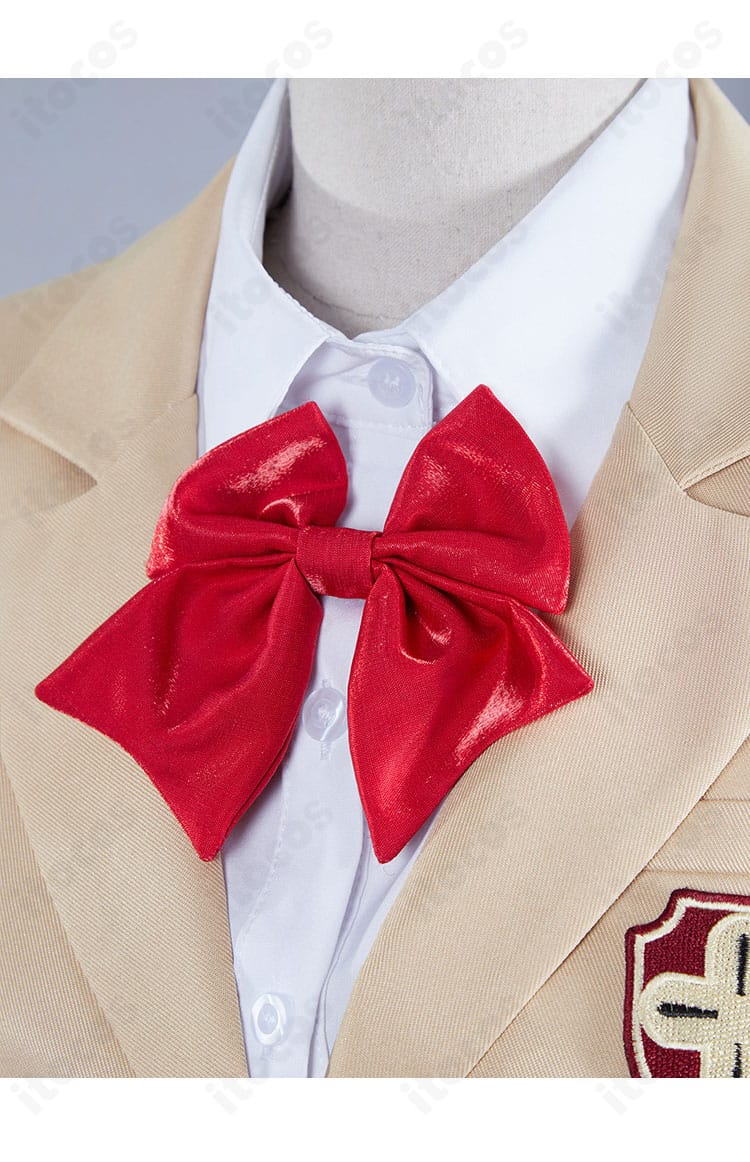 襟元と蝶ネクタイ風装飾のクローズアップ。御坂美琴の制服らしい端正な首まわりディテールを強調