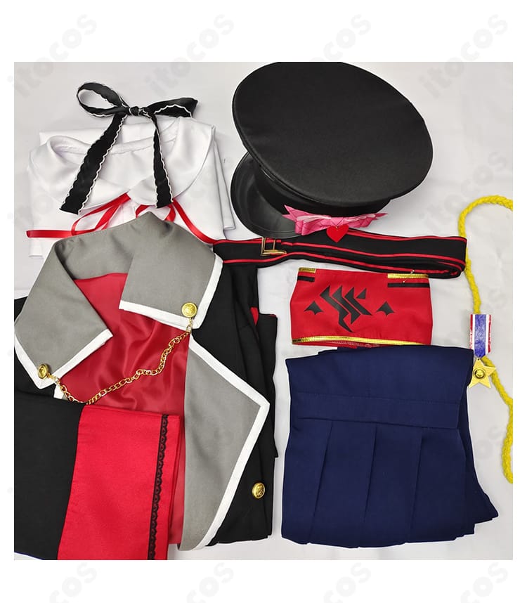 ブルーアーカイブ 丹花イブキ衣装のセット内容一式。トレンチコート、ワンピース、シャツ、ショートパンツ、帽子、腕章などの同梱アイテム一覧。