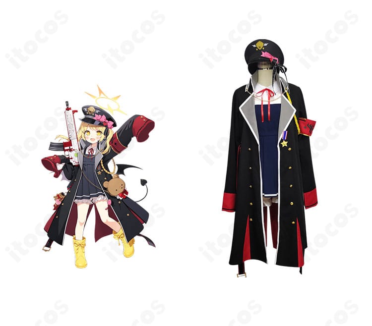 ブルーアーカイブ 丹花イブキのコスプレ衣装正面とキャラクター比較。配色と装飾を忠実再現したトレンチ×制服スタイルの全体像。