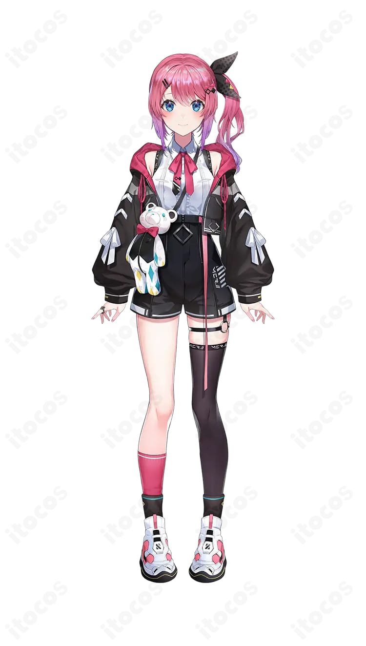 にじさんじ 倉持めるとの黒ピンクパーカーとくまのポシェットを再現したフルセット衣装を着用した全身イメージ