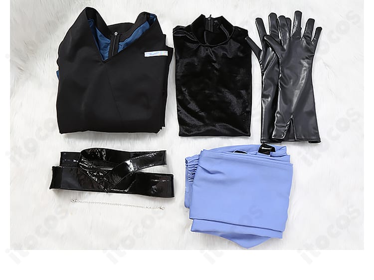 同梱アイテム一覧。上着、ベスト、ズボン、手袋、ベルト、飾りチェーンが一式で揃うことを示す画像。