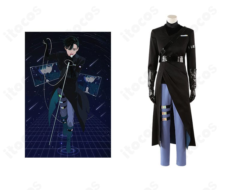 ALIEN STAGE イヴァンのコスプレ衣装とキャラクターイラストを並置した正面画像。高発色生地と金属調アクセでクールな再現。