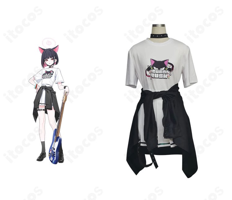 杏山カズサのシュガーラッシュ衣装と商品正面が並ぶ写真。コートやTシャツの配色・装飾が分かるディテールショット。