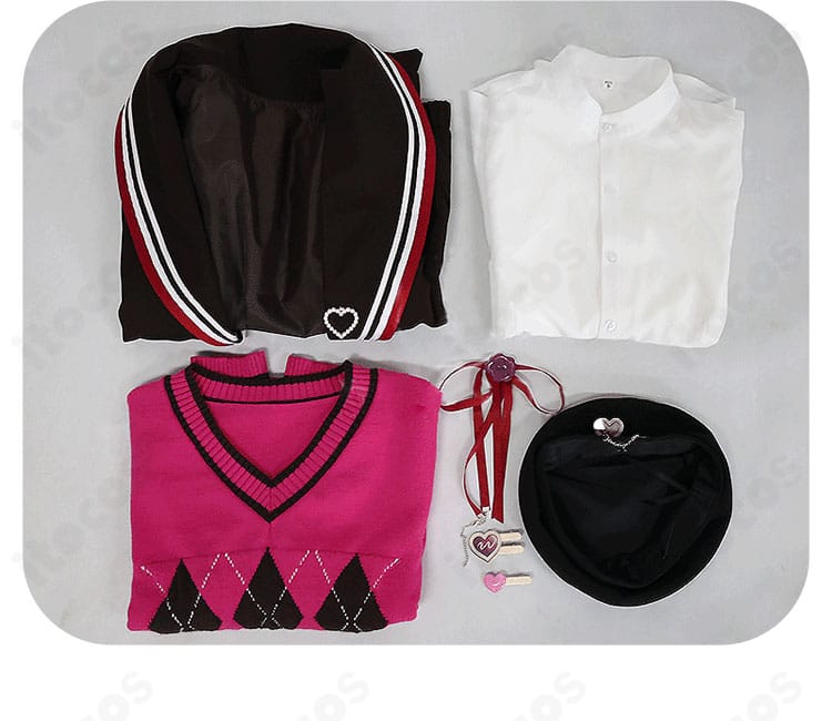 プロジェクトセカイ 青柳冬弥 コスプレ衣装 セット内容一式。コート・トップス・シャツ・帽子・リボン・飾り物を並べた確認用画像。