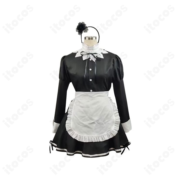 正面ディテールが分かるドロシーのメイド服。胸元の切替、裾フリル、刺繍装飾を強調した商品画像。