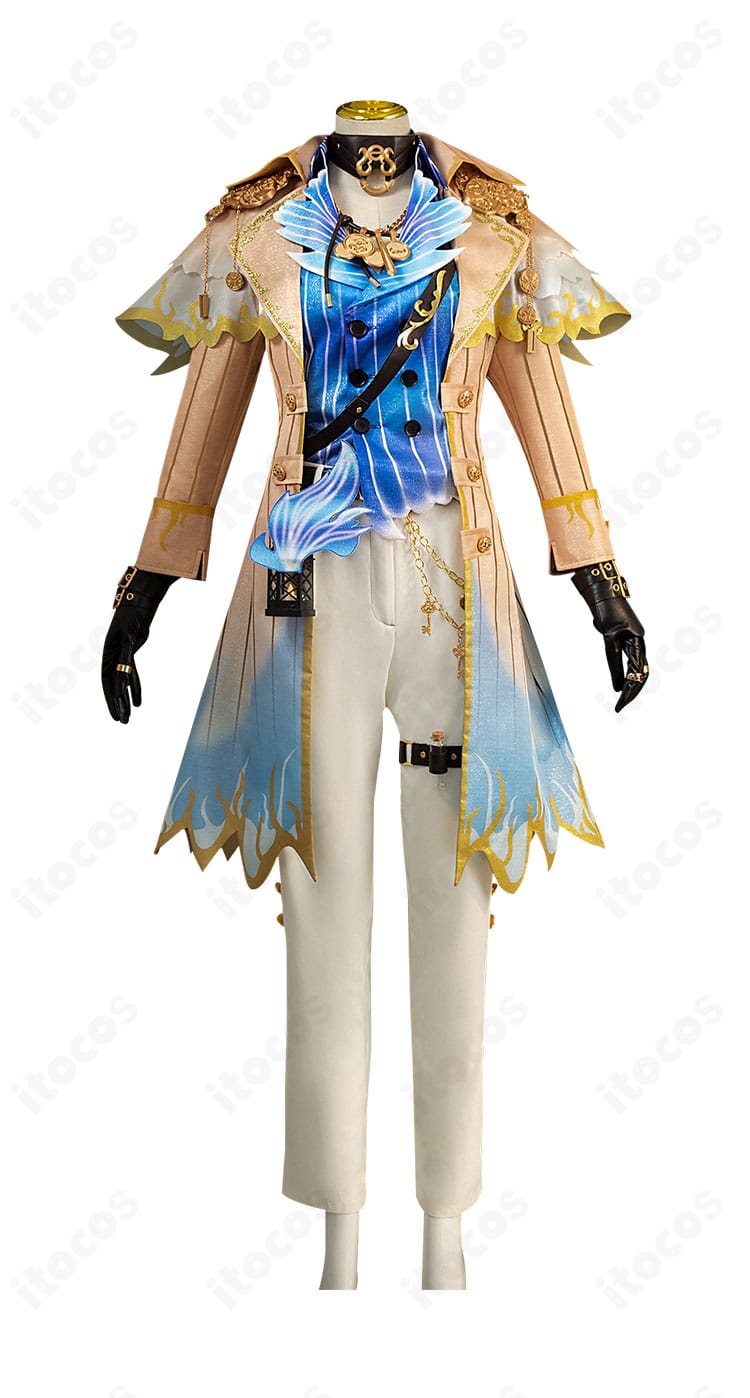 第五人格 傭兵 ナワーブ・サベダー 驚異の部屋コスプレ衣装の正面全身。コートとベルト、チェーン配置まで忠実に再現。