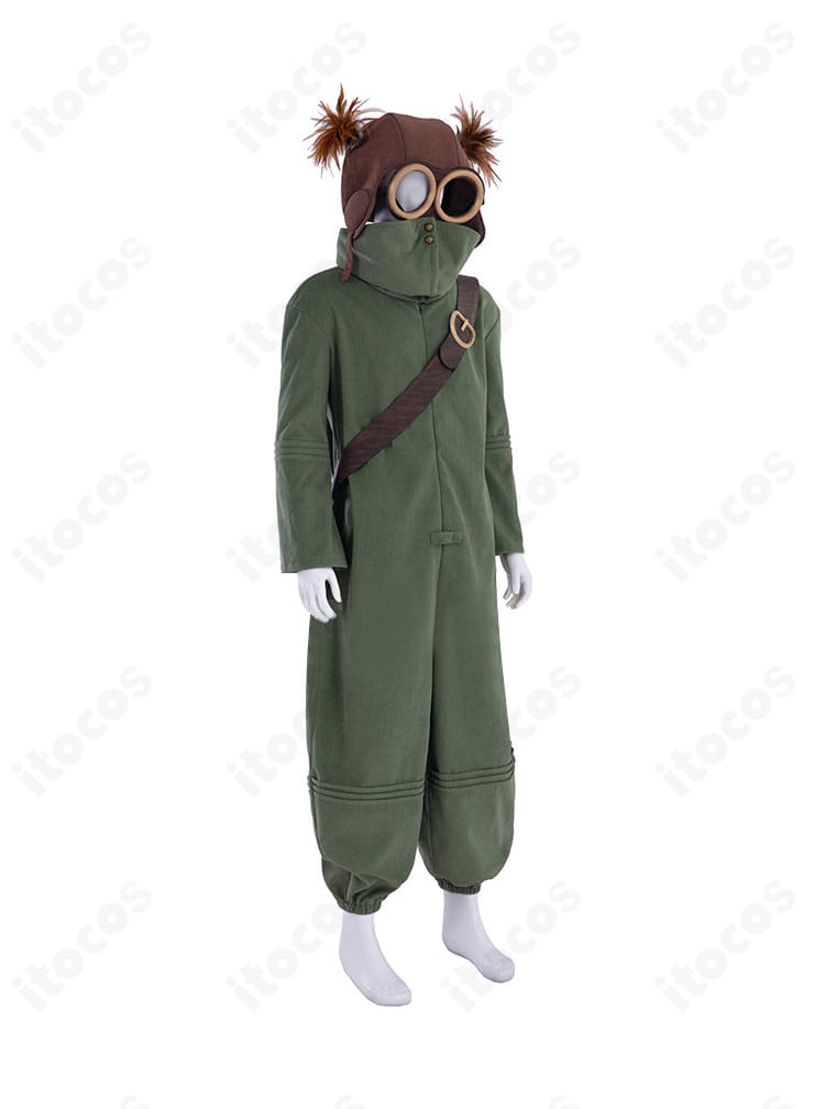 アローン コスプレ衣装の側面。ショルダーベルトの位置とジャンプスーツのシルエットを強調。