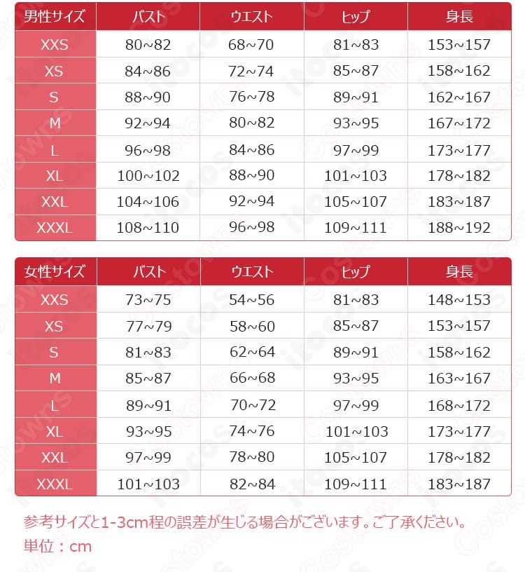 サイズ表画像。XS〜XXXLとオーダーメイド対応の寸法ガイド（ITOCOS）