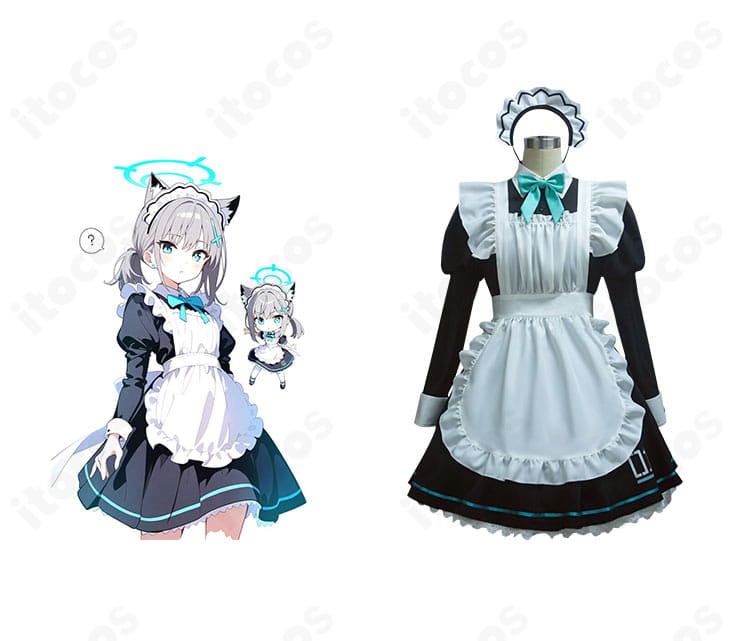 砂狼シロコのメイド服コスプレ衣装を着用したポートレート。ブルーアーカイブの雰囲気を清楚に再現したフルコーデの全身イメージ。