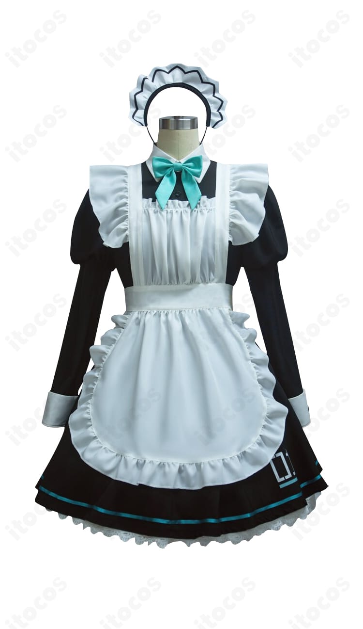 ブルーアーカイブ 砂狼シロコ メイド服コスプレ衣装の正面ディテール。ワンピースとエプロンのライン、カチューシャの形状が分かる商品写真。