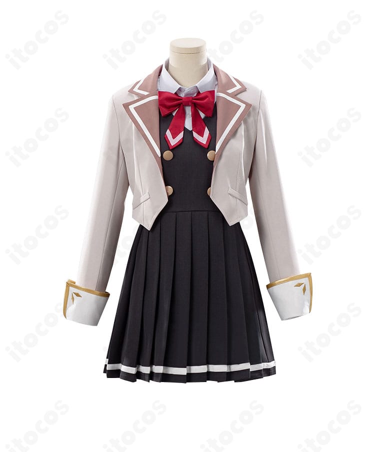 衣装正面のディテールが見える画像。シャツとワンピースのライン、コートの前合わせやリボン形状がはっきり確認できます。