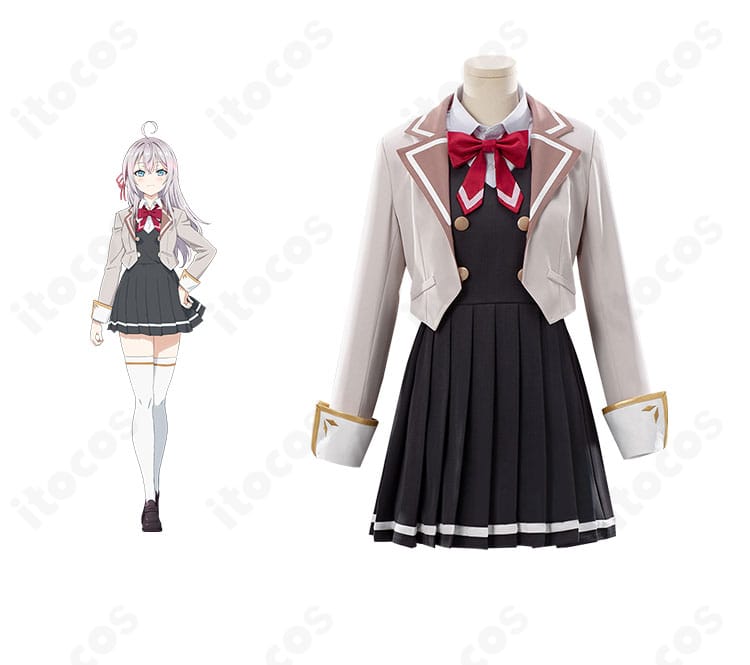 アリサ・ミハイロヴナ・九条の学園制服コスプレ衣装とキャラクター立ち絵を並置した正面画像。清楚なコートとワンピースの再現度がわかる構図。
