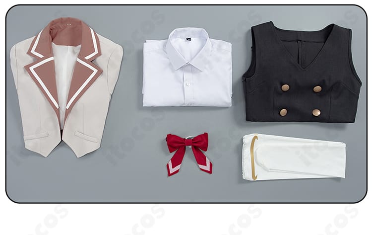 セット内容を並べた画像。コート、シャツ、ワンピース、リボン、靴下の5点が一目でわかるレイアウト。