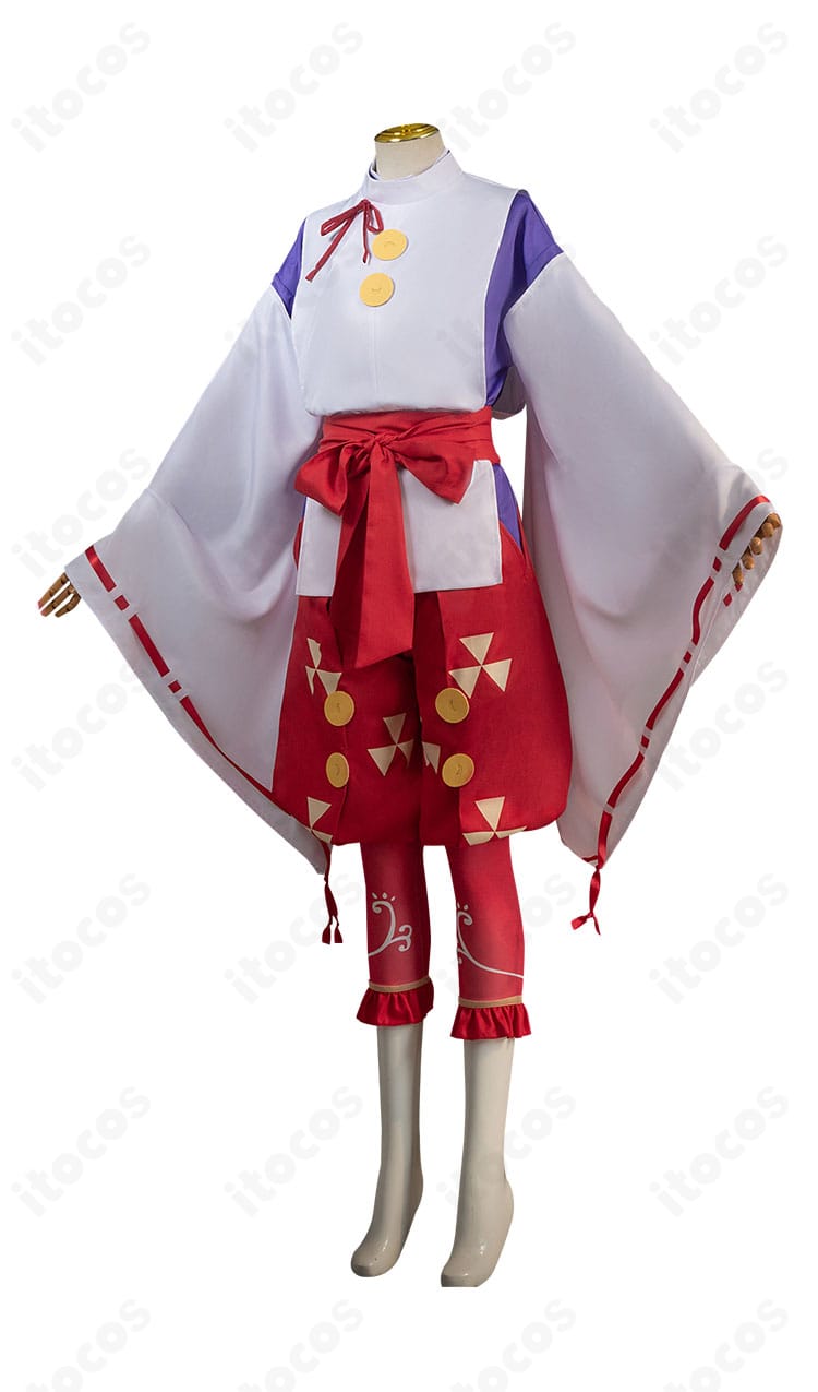 北条時行コスプレ衣装の側面。肩線から袖の落ち感と腰帯のラインが分かる角度。