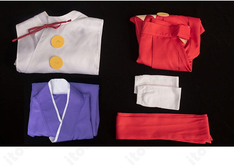 逃げ上手の若君 北条時行コスプレ衣装のセット内容一覧。上着・インナー・ズボン・帯・靴下を並べて紹介。