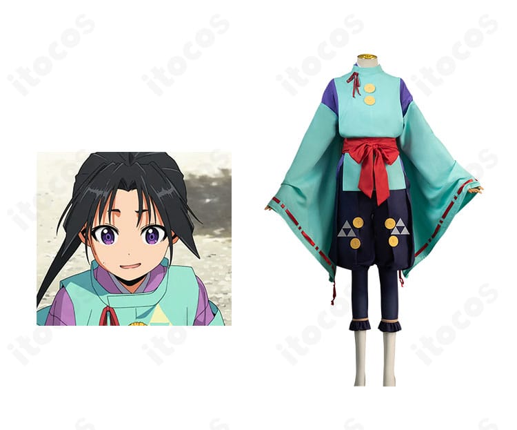 北条時行の公式ビジュアルと並んだコスプレ衣装正面。斜襟と赤いリボン、帯の配色を高再現。