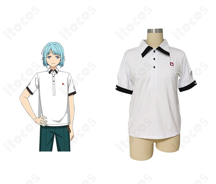 紫之創の春～夏私服コスプレ衣装・商品正面とキャラクター参照の比較画像（爽やかな配色とシルエット）