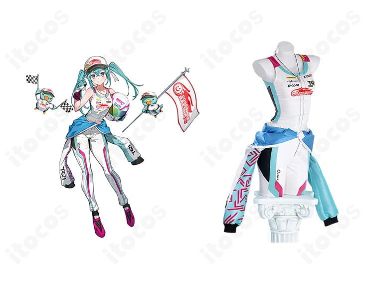 レーシングミク KYOJO CUP 2024 Ver. コスプレ衣装を着用したイメージ。初音ミクのレーシング仕様を華やかに再現。