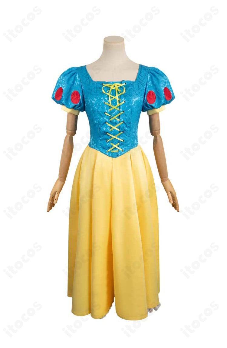 白雪姫クラシックドレスの正面画像。高再現カラーのワンピースと赤いカチューシャのセット内容が分かる全身ビュー。