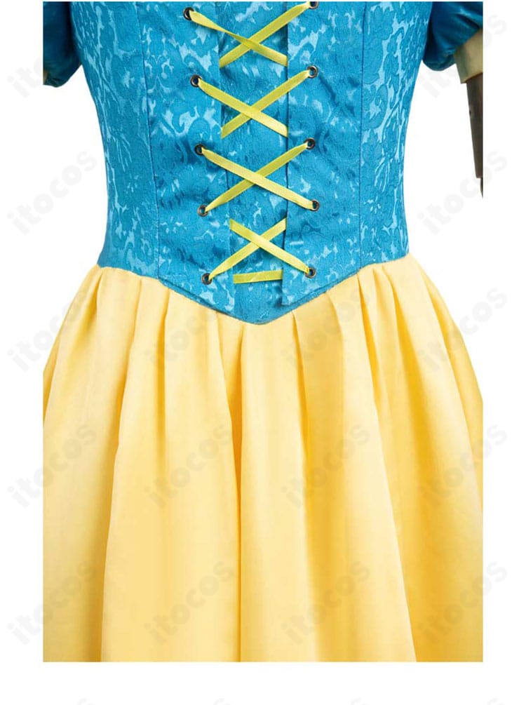 白雪姫クラシックドレスの背面デザイン詳細。縫製ラインと生地の質感が分かるクローズアップ。