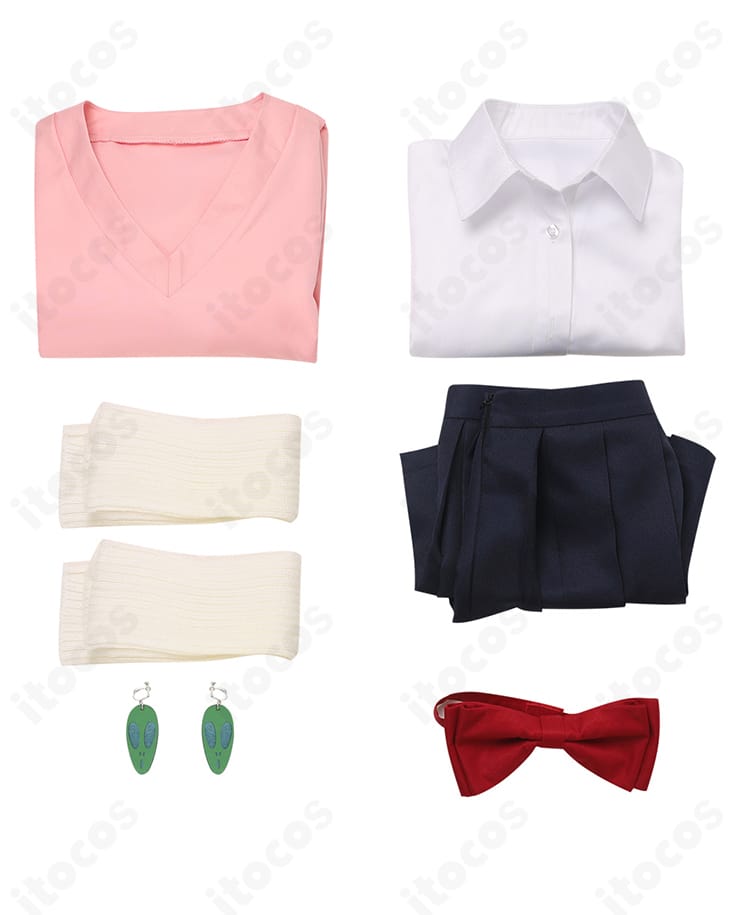 綾瀬桃コスプレ衣装・セット内容一覧。トップス、シャツ、スカート、蝶ネクタイ、耳飾り、レッグカバーが一目で分かる