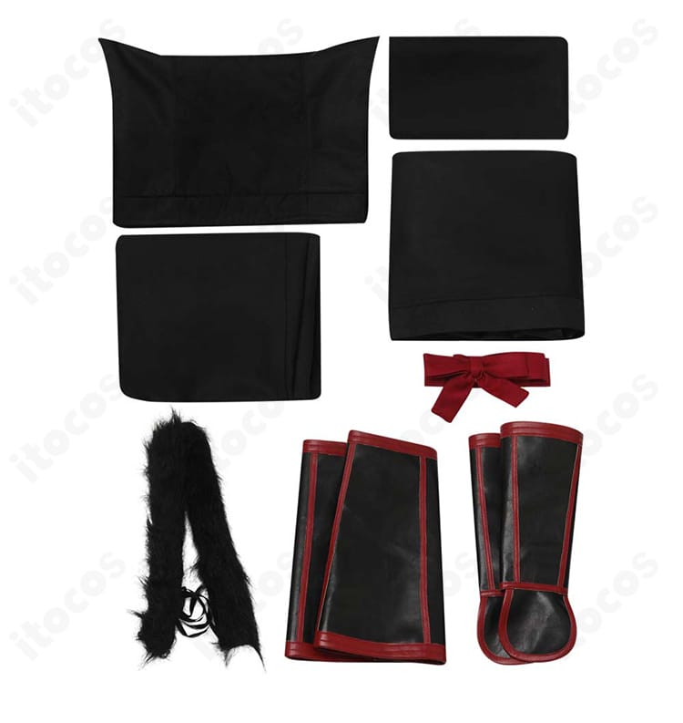 ダンジョン飯 イヅツミ コスプレ衣装セット内容一式。トップス、ズボン、帯、帽子、レッグカバー、尻尾、マフラー、手鎧の同梱物。