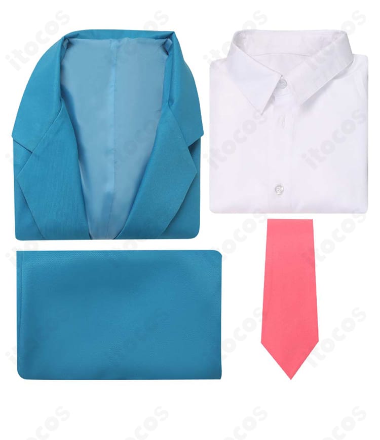 セット内容一式。コート・シャツ・ズボン・ネクタイの4点が平置きで分かる内容確認画像。