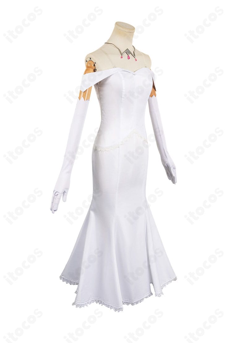 エミリア白いワンピース 右側面。袖口の仕立てとステッチ、フィット感のディテールが確認できます。