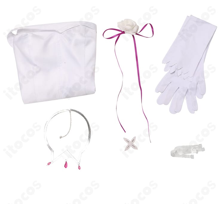 Re:ゼロから始める異世界生活 エミリア コスプレ衣装のセット内容一式。ワンピース、手袋、ネックレス、髪飾り、透明ストラップ。