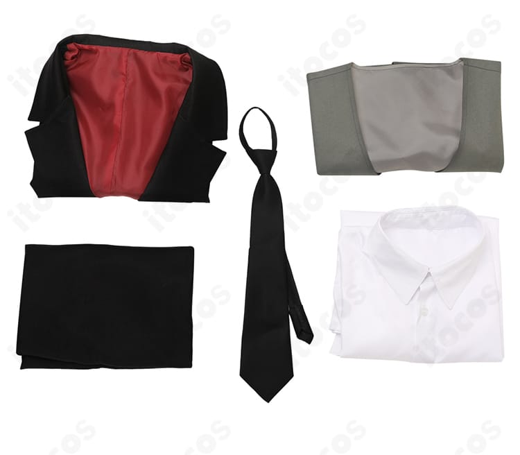 『合コンに行ったら女がいなかった話』蘇芳 コスプレ衣装のセット内容。コート・シャツ・ベスト・ズボン・ネクタイの5点を並べた画像。