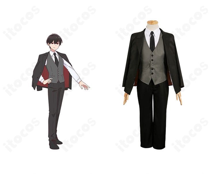 『合コンに行ったら女がいなかった話』蘇芳 コスプレ衣装の正面全身とキャラクター合成。アニメ版スーツの配色とシルエットを比較できる画像。