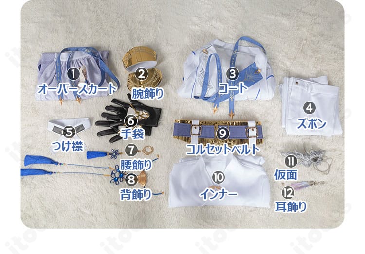セット内容一覧。コート、ズボン、インナー、つけ襟、コルセットベルト、腕飾り、オーバースカート、手袋、腰飾り、背飾り、仮面、耳飾りを配置