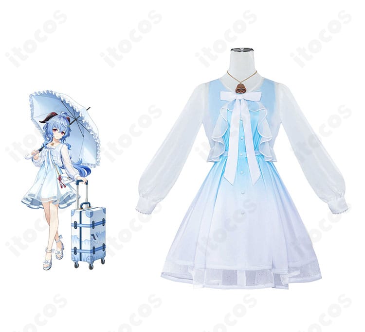 原神・甘雨（かんう）コスプレ衣装を着たモデルとキャラクター比較。胸元の蝶結びや装飾を含む精緻な再現が分かる全身画像。