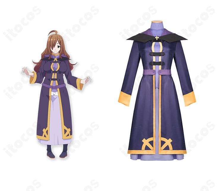 ウィズと商品衣装の比較ができる正面画像。深色コートと胸飾りを忠実に再現した通常衣装セット。