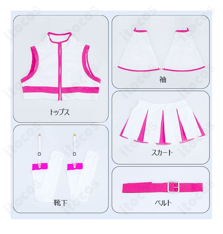 セット内容の並び：トップス、スカート、袖、靴下、ベルト、翼、髪飾り。フルセット構成の確認用