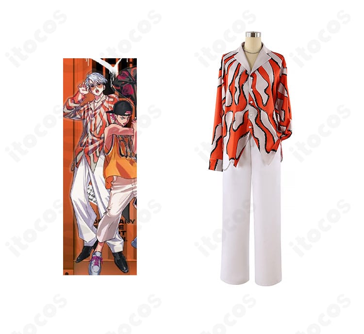 カリスマ 草薙理解 コスプレ衣装の正面全体とキャラクタービジュアルを並置した画像。セット内容の雰囲気と再現度が伝わる構図。