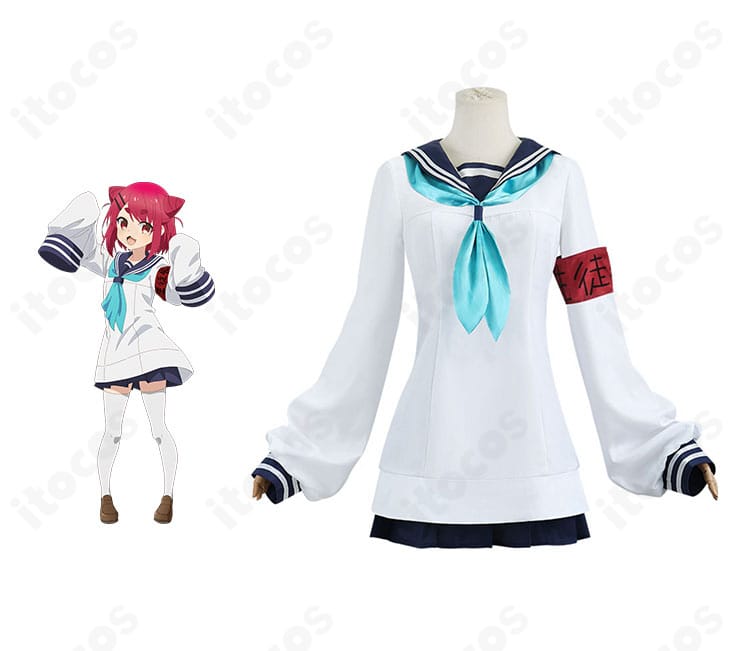 商品正面と猫山田根子のコスプレ衣装一式を並べた写真。学園制服の高再現デザインがわかる構成。