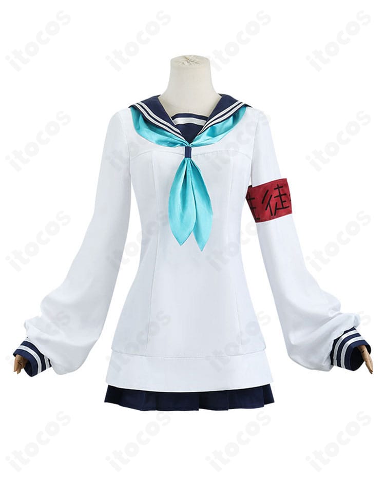 猫山田根子コスプレ衣装の正面全体。襟元とフロントのシルエット、スカートのラインが確認できる。