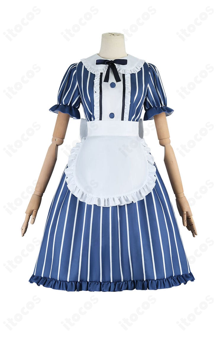 千代田莉々歌 メイド服 正面全身。胸元の刺繍とエプロンの華やかなディテールが映えるデザイン