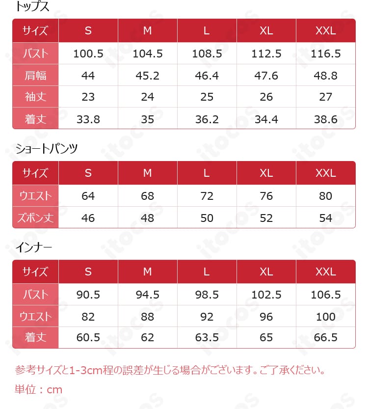 サイズ表の表示画像。S〜XXLの主要寸法と適用目安を確認できる図
