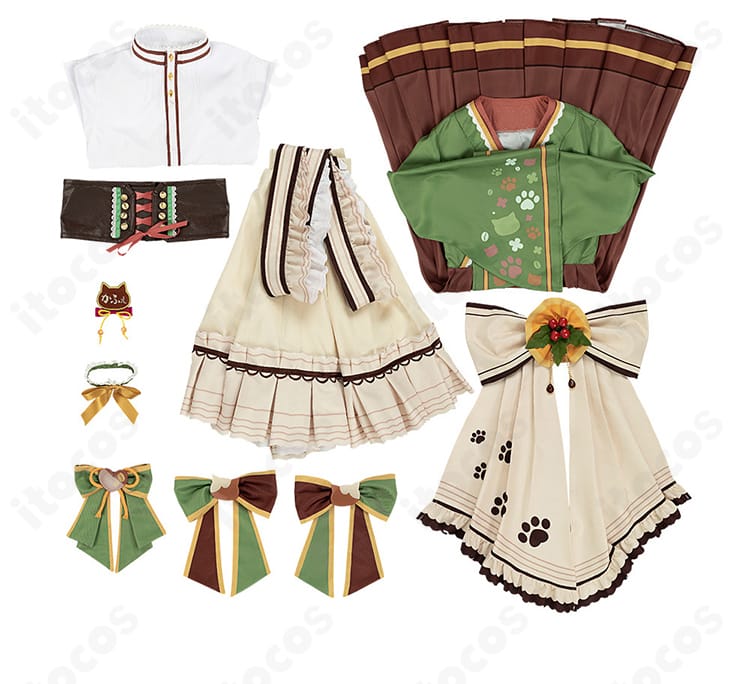 セット内容の一覧写真：シャツ、ワンピース、エプロン、各種リボン、髪飾り、胸飾り、コルセットベルト