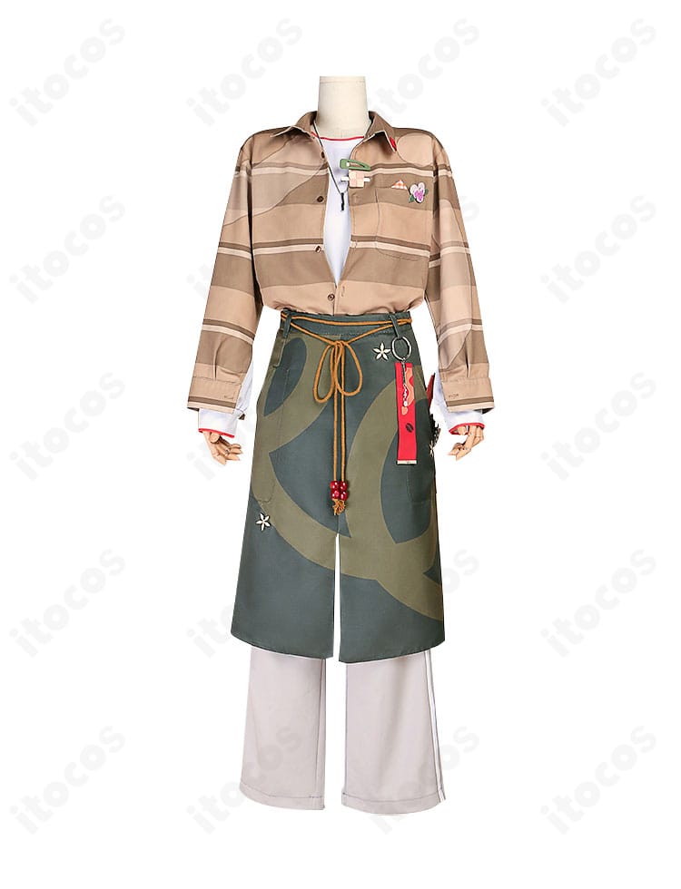 青柳冬弥 探検隊コスプレの正面アップ。襟元・胸ポケット・エプロン上部の再現ディテールを確認できる画像