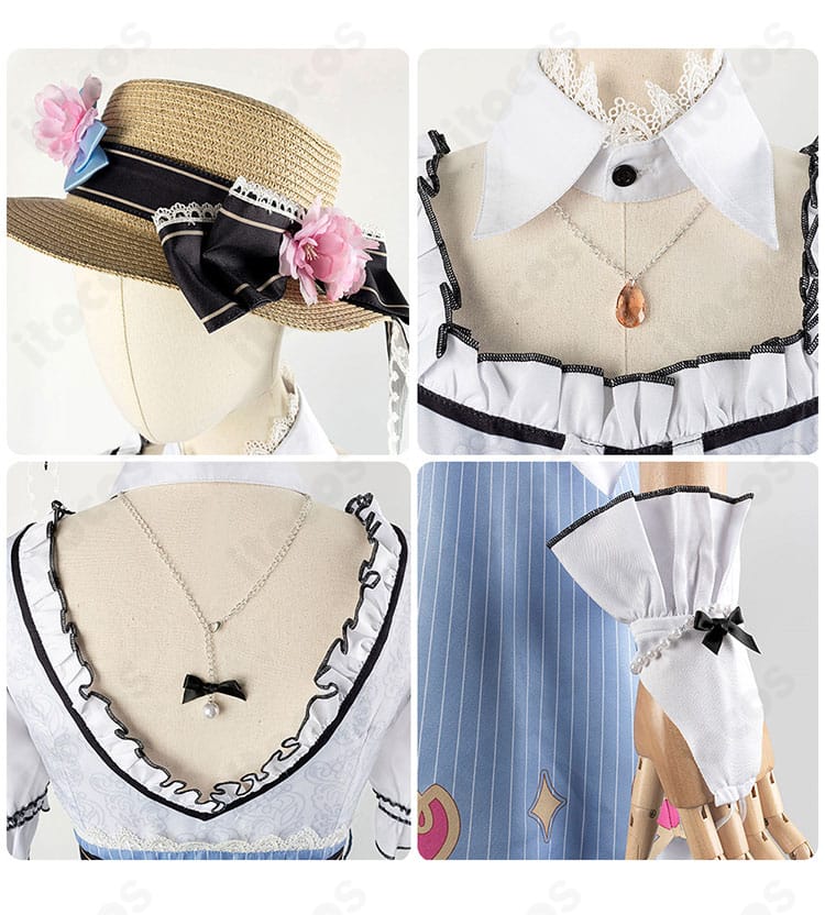 領口・帽子・手首飾りの装飾ディテール。首元のつけ襟やネックレスの重なりが分かる説明的な画像