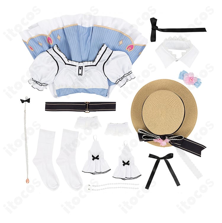 セット内容一式のレイアウト画像。帽子、髪飾り、ワンピース、つけ襟、リボン、手首飾り、ブレスレット、ベルト、靴下を確認可能