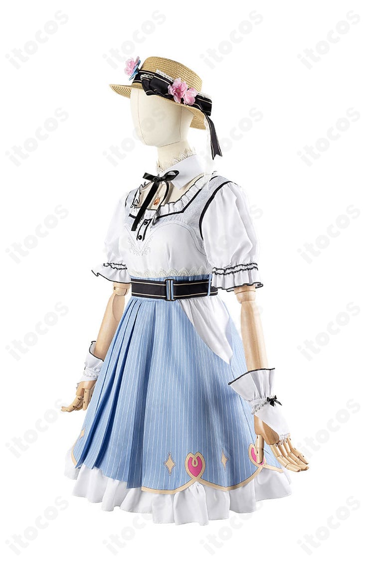 左側面から見たさくらみこ衣装。ワンピースのシルエットと袖口、サイドの落ち感をチェックできる画像