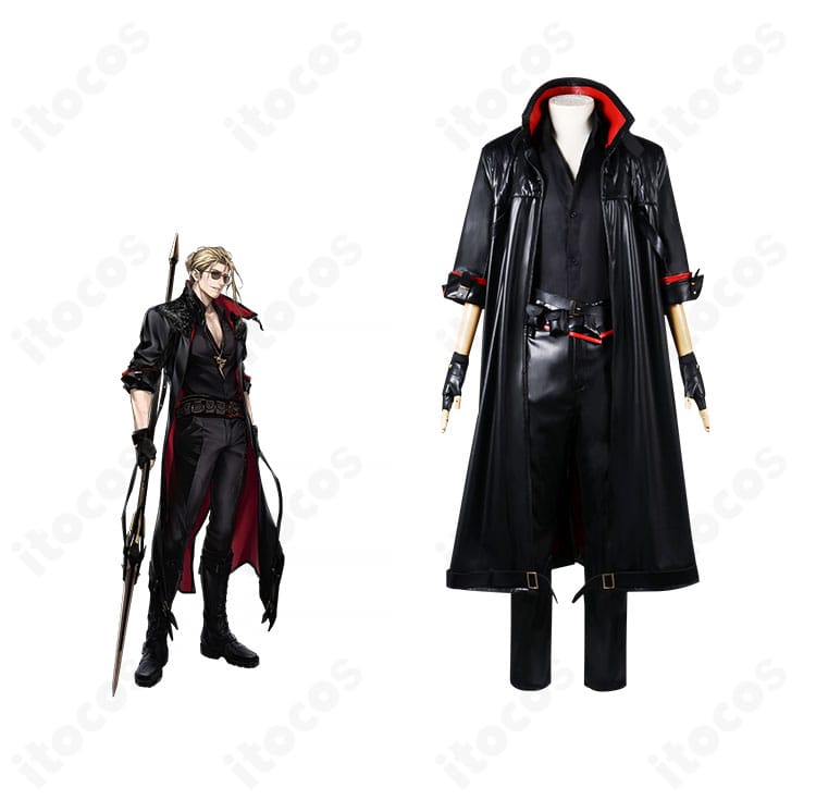 無期迷途 ドナルドのコスプレ衣装とキャラクターイメージの比較。襟元ベルトや腰装飾まで再現した高精度セットの正面全身。